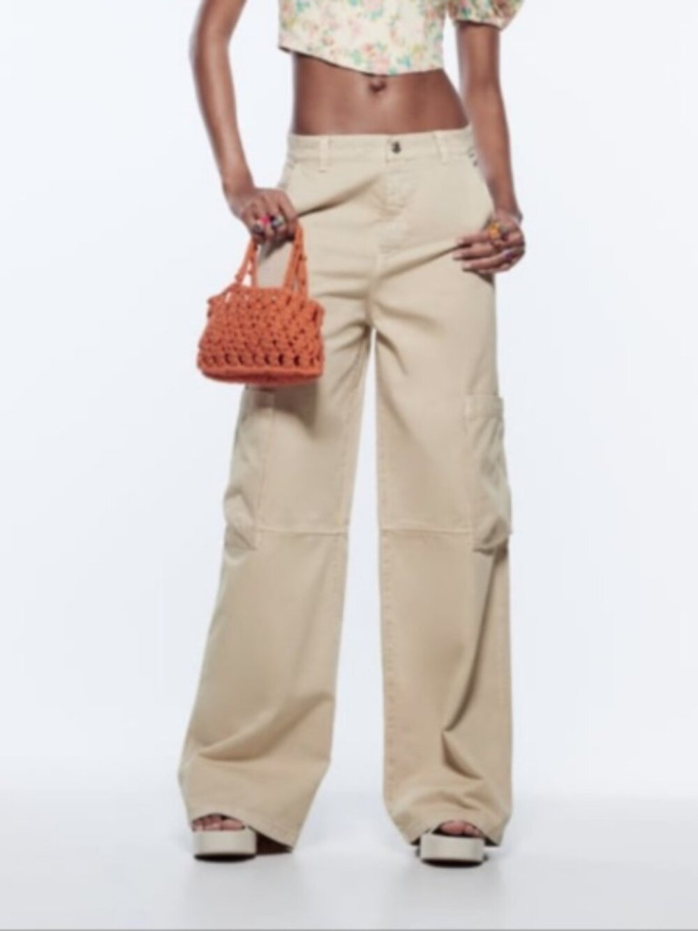 Zara Wide Leg Cargo Pant Side Pockets - Beige Size 8